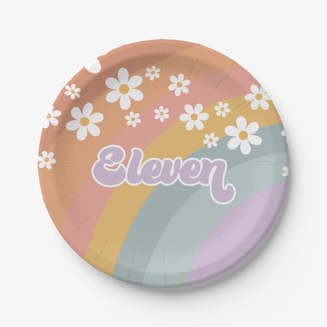 Groovy Retro Rainbow Eleventh Birthday Paper Plates (Front)