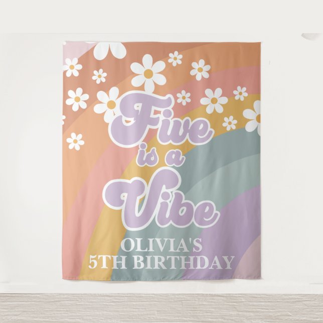 Groovy Retro Rainbow Five is a Vibe Tapestry (Front)