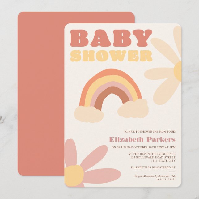 Groovy retro rainbow flowers boho baby shower invitation (Front/Back)