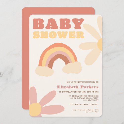 Groovy retro rainbow flowers boho baby shower invitation