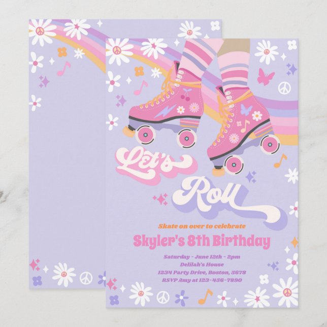 Groovy Retro Rainbow Roller Skating Birthday Party Invitation (Front/Back)