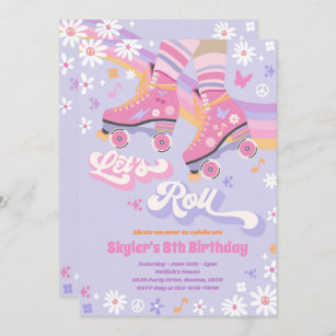 Groovy Retro Rainbow Roller Skating Birthday Party Invitation