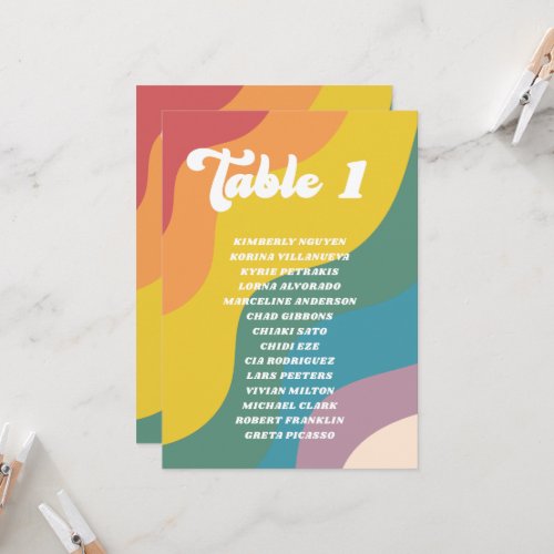 Groovy Retro Rainbow Table Number Guest Names Card