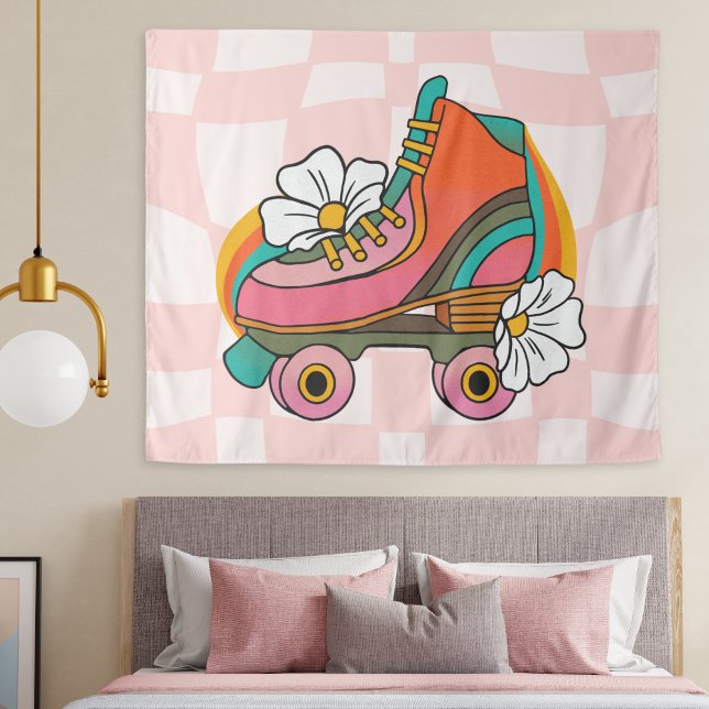 Groovy Retro Roller Skate 60s Hippie Rainbow Tapestry (Groovy roller skate retro tapestry hippie wall hanging pink checkered print, college dorm room decor)