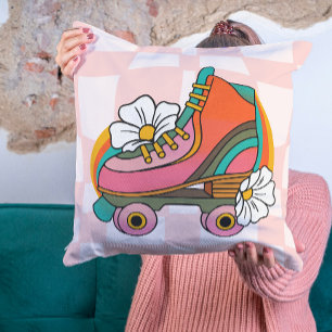 Groovy Retro Roller Skate 60s Hippie Rainbow Throw Pillow