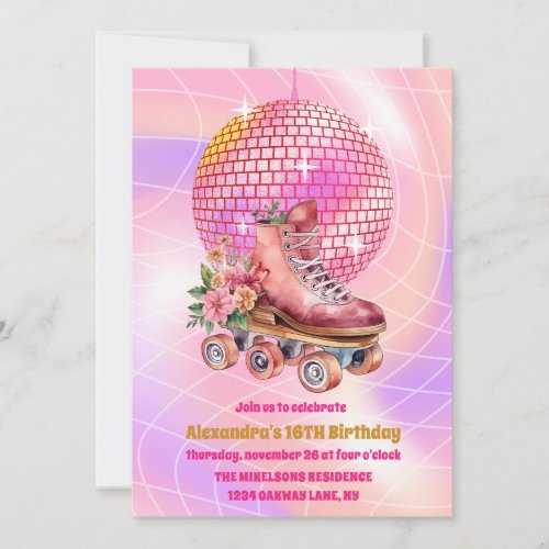 Groovy Retro Roller Skating Sweet 16 Birthday Invitation