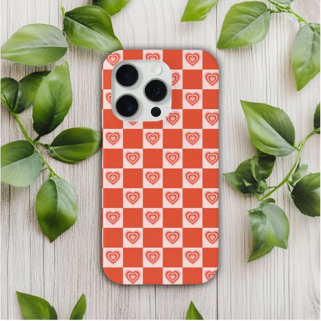 Groovy Retro Romantic Love Heart Red Checkerboard Case-Mate iPhone Case (Creator Uploaded)