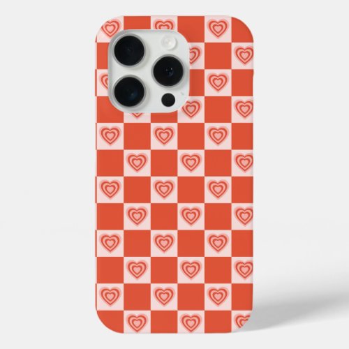 Groovy Retro Romantic Love Heart Red Checkerboard iPhone 15 Pro Case