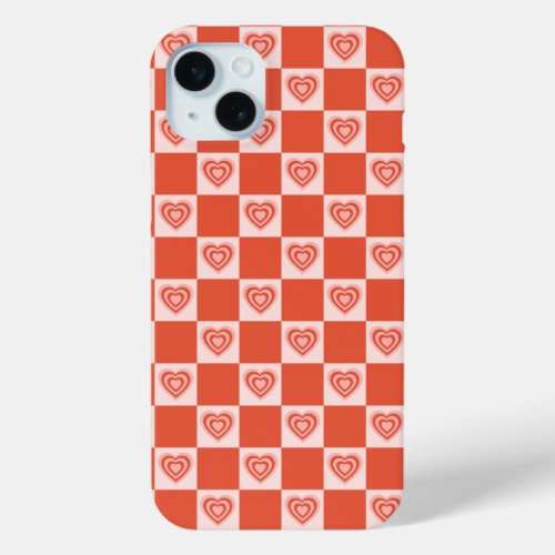 Groovy Retro Romantic Love Heart Red Checkerboard iPhone 15 Plus Case