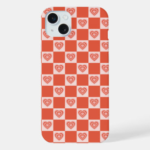 Groovy Retro Romantic Love Heart Red Checkerboard iPhone 15 Plus Case