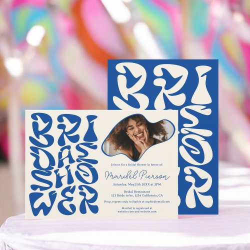 Groovy retro Script chic blue Photo bridal shower Invitation