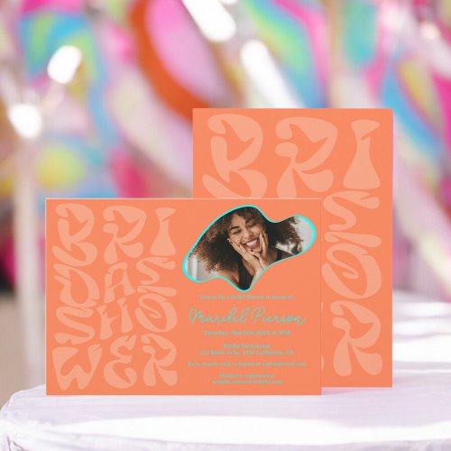 Groovy retro Script chic coral Photo bridal shower Invitation