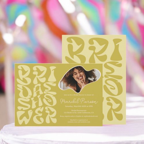 Groovy retro Script chic green Photo bridal shower Invitation