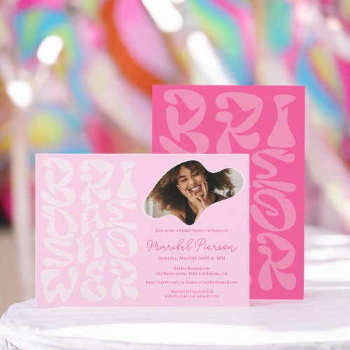 Groovy retro Script chic Pink Photo bridal shower Invitation