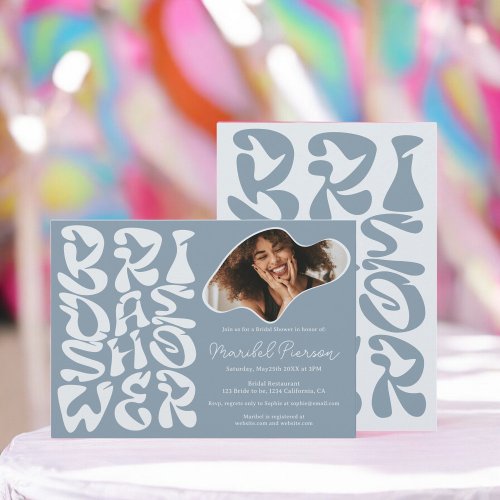 Groovy retro Script dusty blue Photo bridal shower Invitation