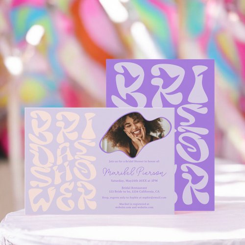 Groovy retro Script lavender Photo bridal shower Invitation