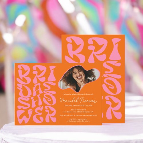 Groovy retro Script orange Photo bridal shower Invitation