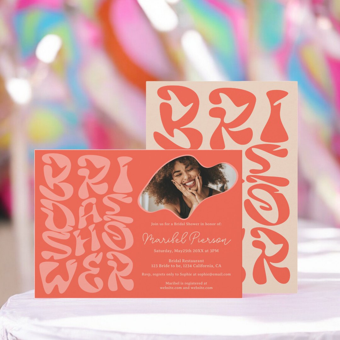 Groovy retro Script peach Photo bridal shower                    Invitation