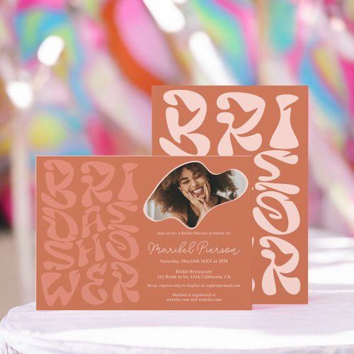 Groovy retro Script terracotta Photo bridal shower Invitation