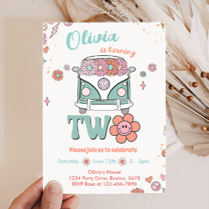 Groovy Retro Smile Flowers 2nd Birthday Invitation