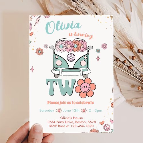 Groovy Retro Smile Flowers 2nd Birthday Invitation