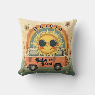 Groovy Retro Smiling Baby Sun, Peace & Love Vibes  Throw Pillow