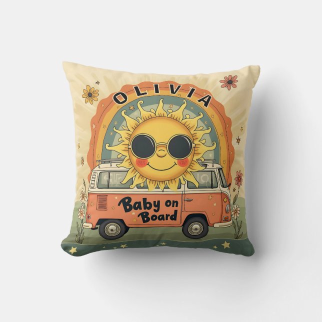 Groovy Retro Smiling Baby Sun, Peace & Love Vibes  Throw Pillow (Front)