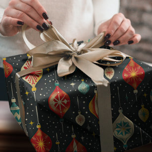 Groovy Retro Snowy Night Christmas Ornaments Wrapping Paper