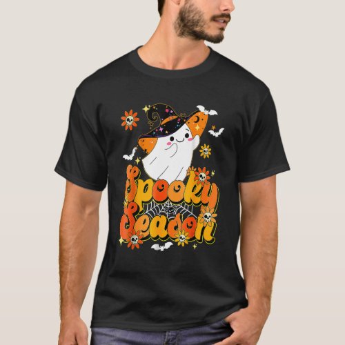 Groovy Retro Spooky Season Floral Cute Ghost Hallo T_Shirt