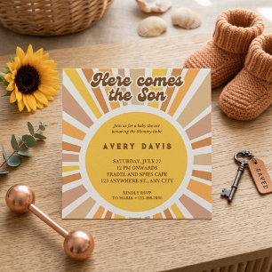 Groovy Retro Sunburst Yellow Orange Baby Shower Invitation