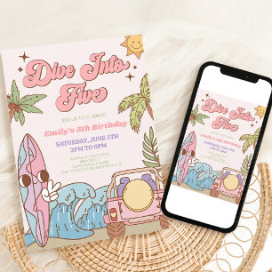 Groovy Retro Surf 5th Birthday Pink Invitation