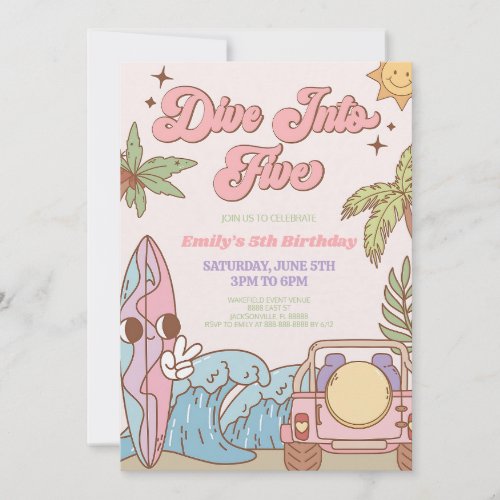 Groovy Retro Surf 5th Birthday Pink Invitation