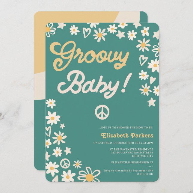 Groovy retro teal boho baby shower invitation (Front/Back)