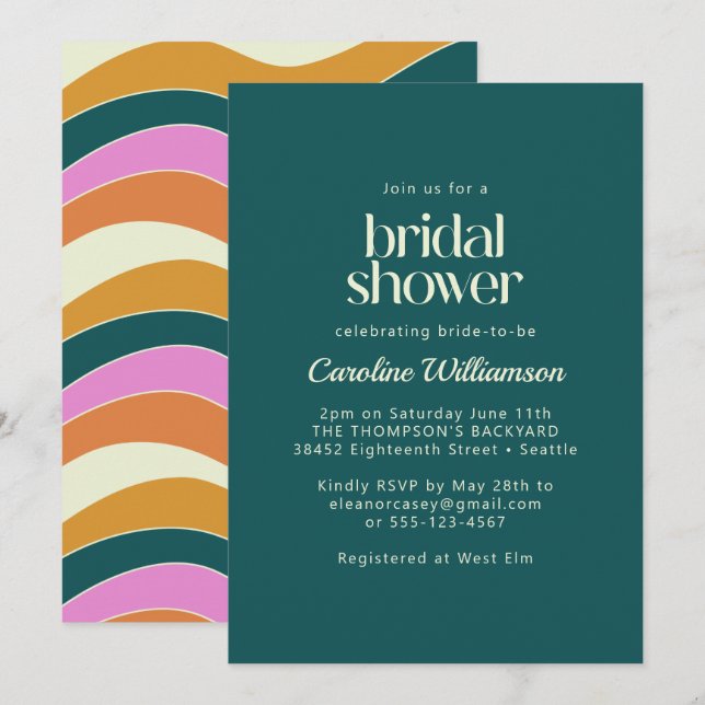 Groovy Retro Teal Green Wavy Lines Bridal Shower Invitation (Front/Back)