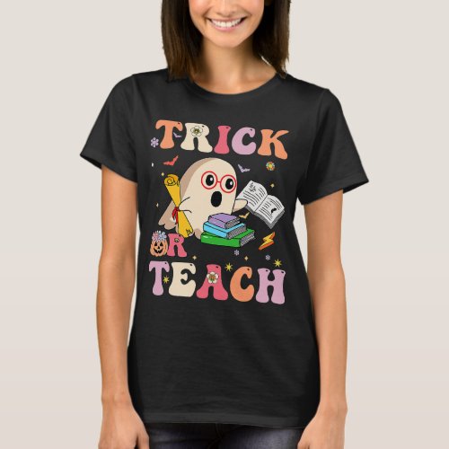 Groovy Retro Trick Or Teach Ghost Books Halloween  T_Shirt