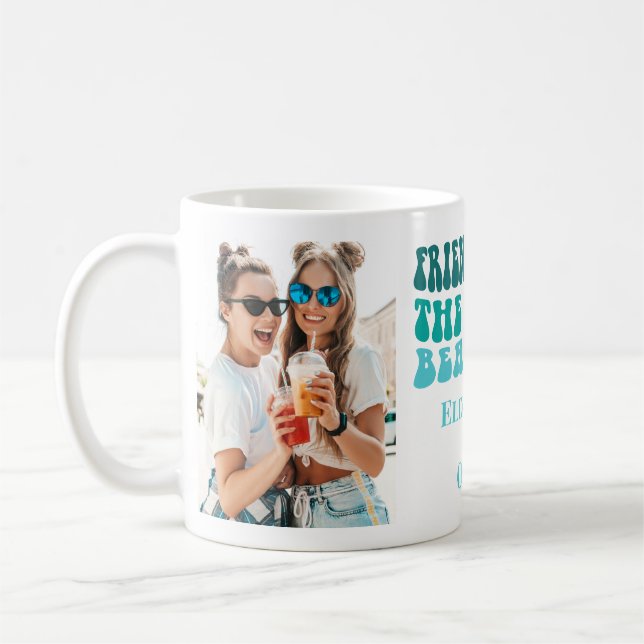 Groovy Retro Turquoise Friendship 2 Photos & Names Coffee Mug (Left)