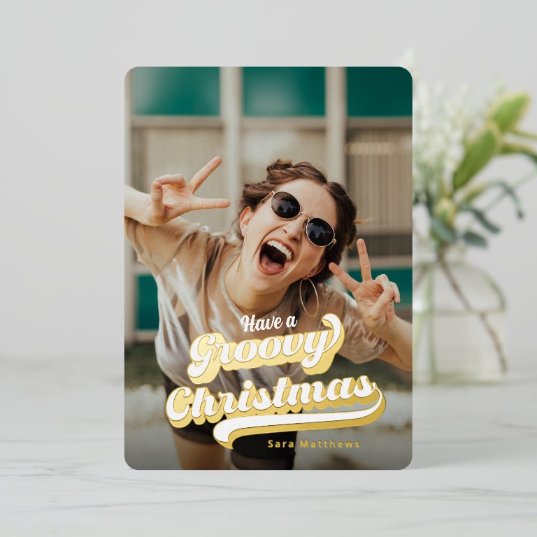 Groovy Retro Typography &amp; Gold Foil Christmas Card