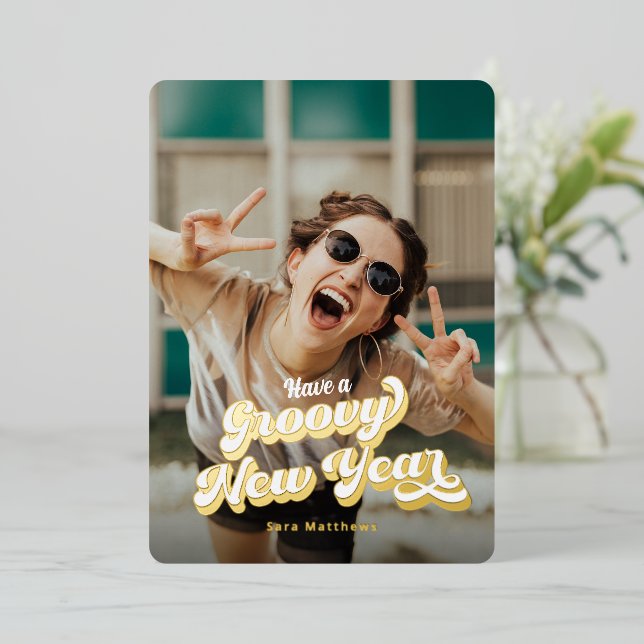 Groovy Retro Typography & Gold Foil New Years Foil Holiday Card (Standing Front)