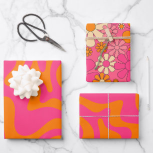 Groovy Retro Vintage 60s Hot Pink Orange Patterns Wrapping Paper Sheets