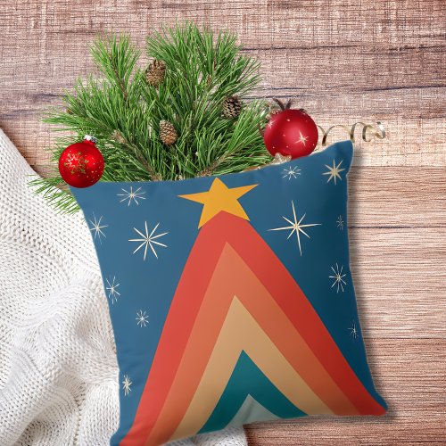 Groovy Retro Vintage Blue Christmas Tree Star Throw Pillow