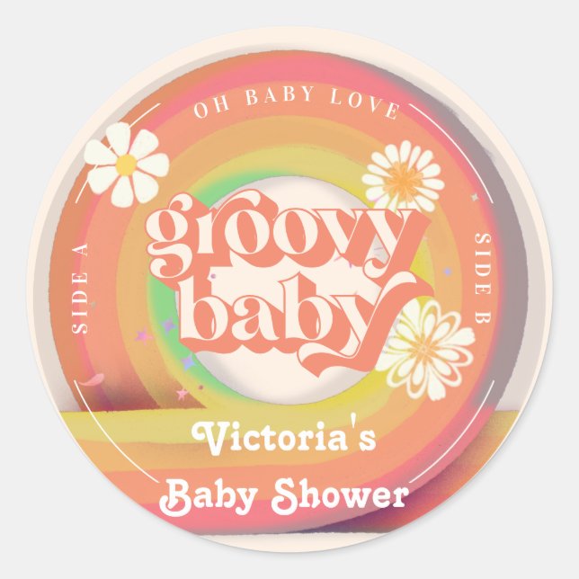 groovy Retro Vinyl Record Baby Shower Classic Round Sticker (Front)