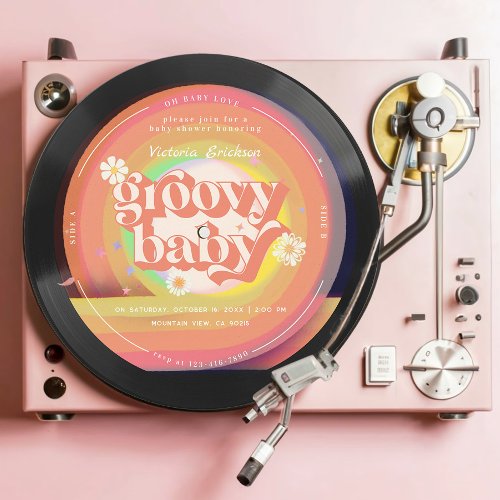 groovy Retro Vinyl Record Baby Shower Invitation