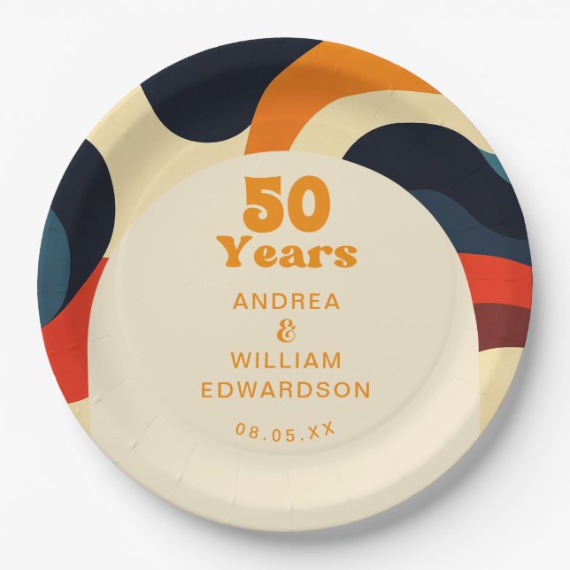 Groovy Retro Wavy Boho 50th Wedding Anniversary Paper Plates (Front)