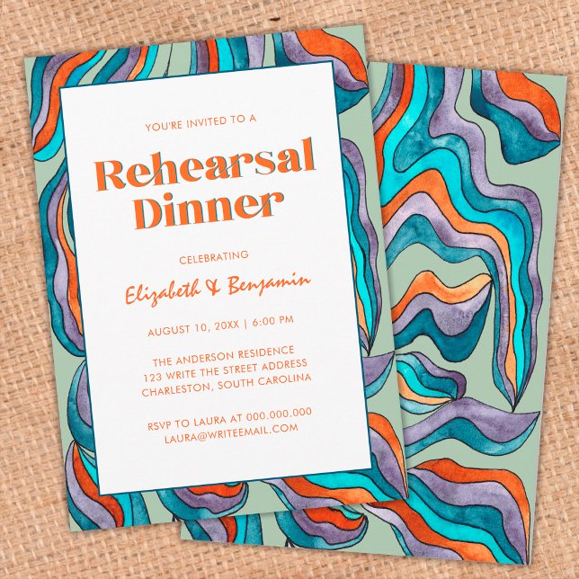 Groovy Retro Wavy Green Wedding Rehearsal Dinner Invitation (Front and Back)