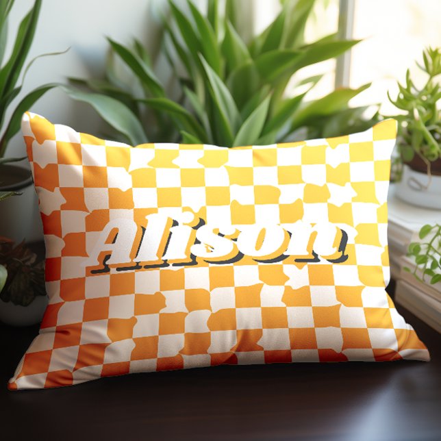 Groovy Retro Yellow Checkerboard Custom Name Lumbar Pillow (Creator Uploaded)