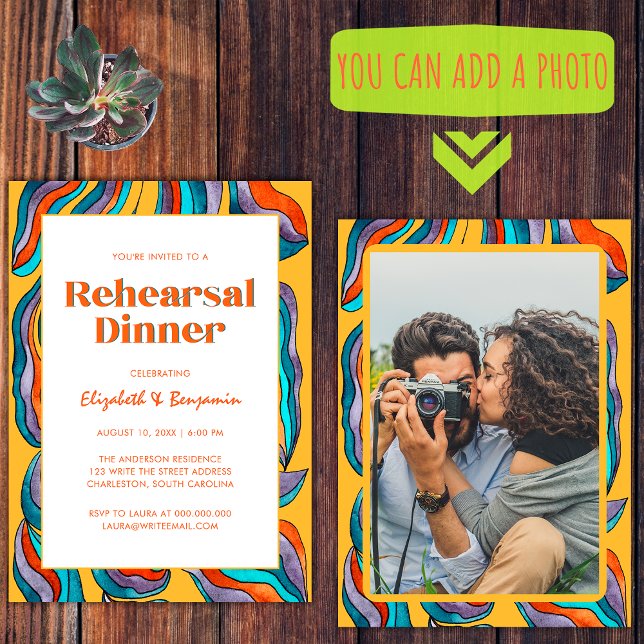 Groovy Retro Yellow Photo Wedding Rehearsal Dinner Invitation (Front and Back)