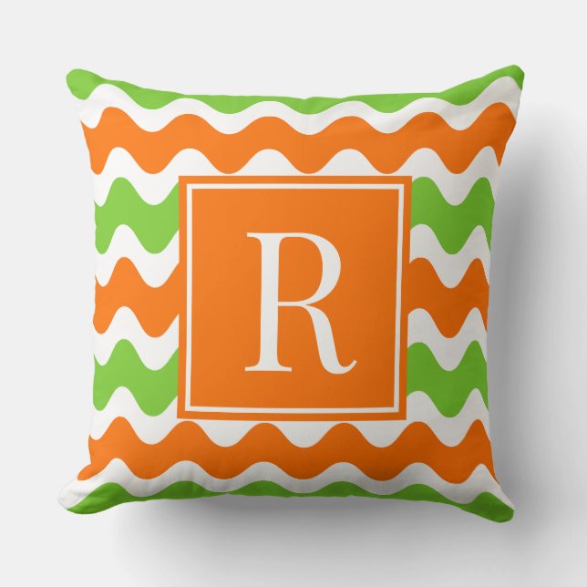 Groovy Ric Rac Stripe - Horizontal Orange & Lime Throw Pillow (Front)