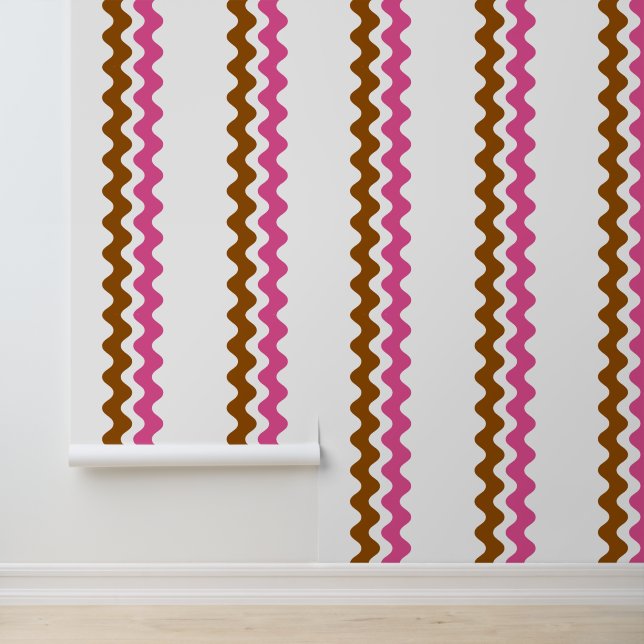 Groovy Ric Rac Stripe - Vertical Brown & Hot Pink Wallpaper (Application)