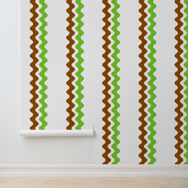 Groovy Ric Rac Stripe - Vertical Brown & Lime  Wallpaper (Application)
