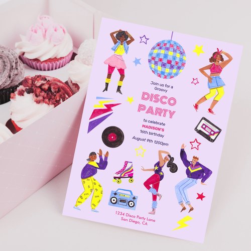 Groovy Roller Disco girl Purple Party Retro Invitation